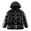 Moncler Tricolour Sleeve-Stripe Glossy Hooded Puffer Jacket