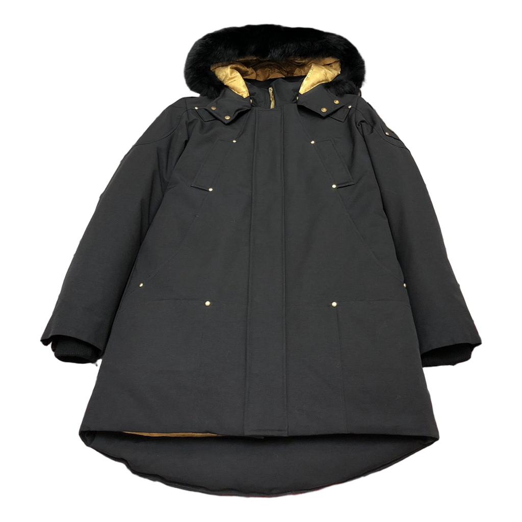 Moose Knuckles Gold-Lined Fur-Trim Long Parka – Black