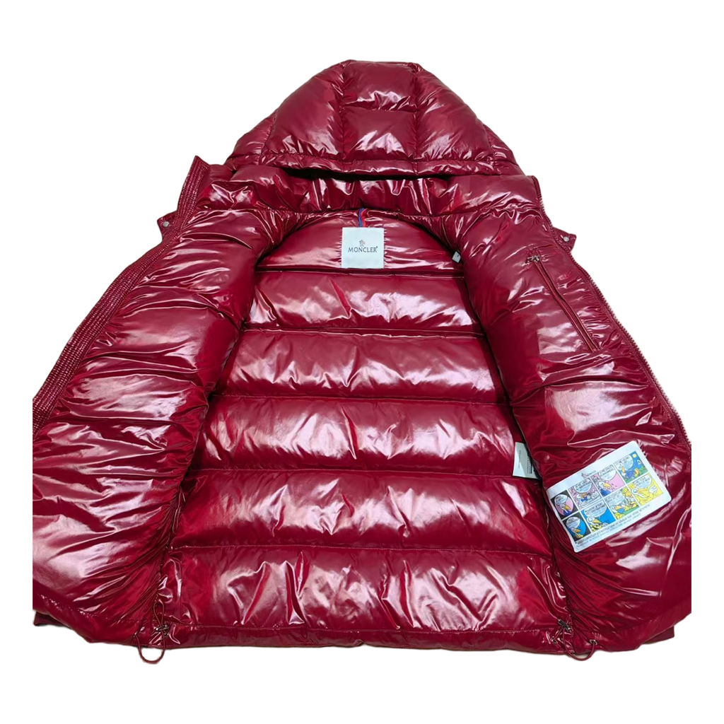 Moncler Logo-Zip Glossy Hooded Puffer Jacket – Red
