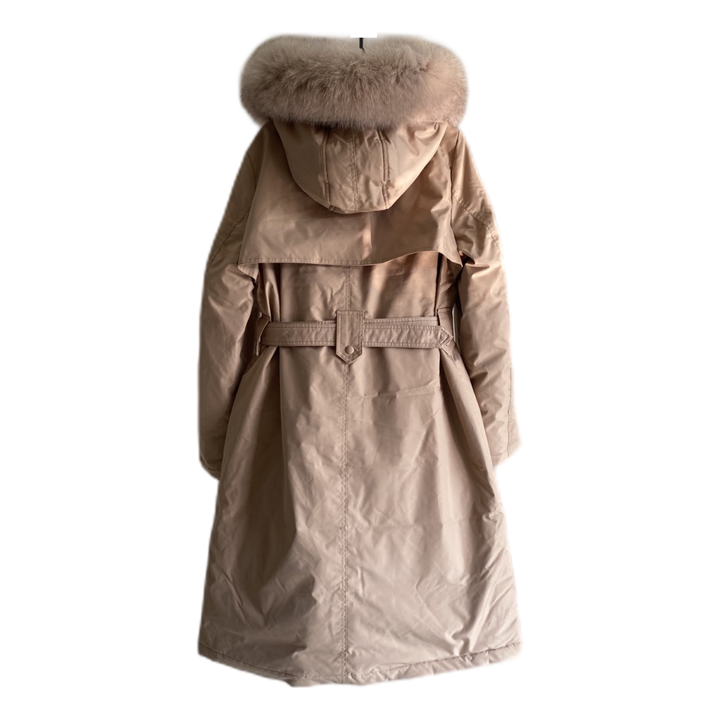 Prada Belted Fur-Trim Hooded Coat – Blush Beige